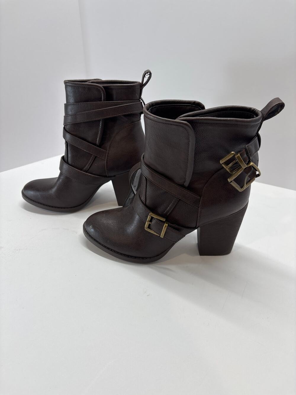 Women’s Brown Ankle Boots Size 10 Buckle Strap Block Heel Moto Booties